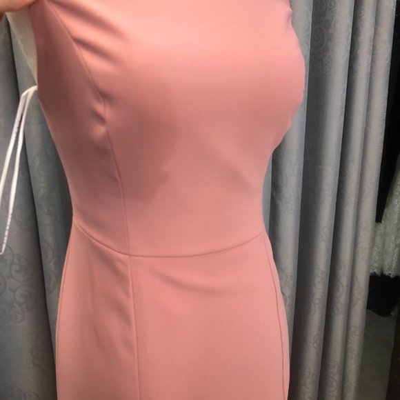 New Dessert Rose Crepe Dress, Halter Keyhole Back Bridesmaid Formal Leg Slit - Picture 6 of 14